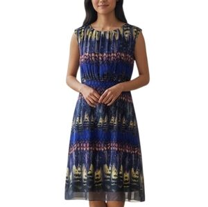 Chetta B Abstract Print Sleeveless Chiffon Sheath Dress Size 10 Pleated Neck